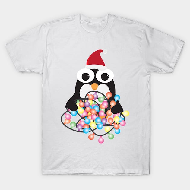 Cute Cartoon Penguin with Santa Hat and Colorful Light Bunting T-Shirt by sigdesign